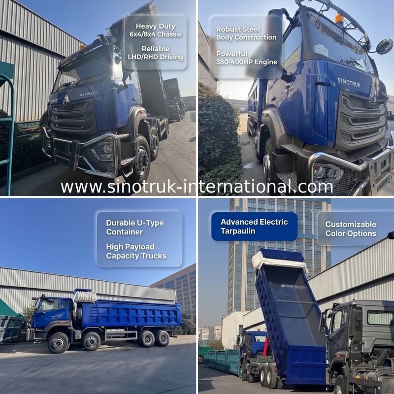 Sinotruk HOHAN Nieuwe HOWO 8X4 Dumper 371pk H77L Cabine Blauw Met elektrische zeildoek RHD