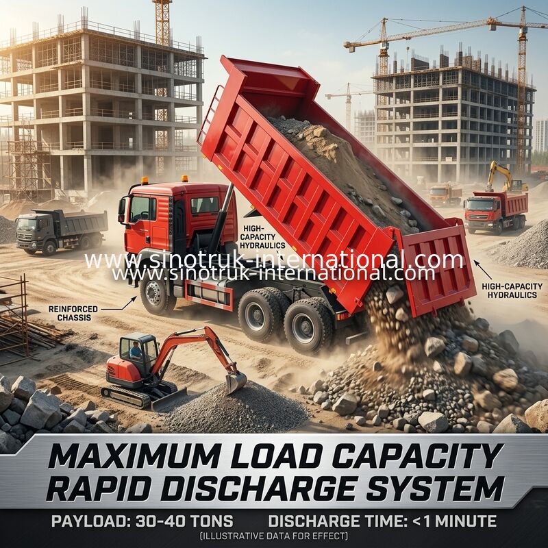 Hoog efficiënte 6×4 HOWO TX Tipper Truck. Rood lichaam, 400 pk motor, 20 CBM container, 60 ton zwaar vervoer.